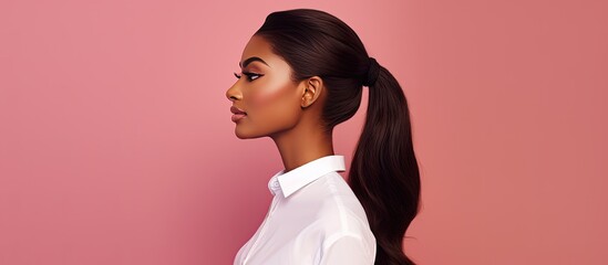 Poster - Close up portrait of an elegant African American woman in a classic white shirt posing in a studio on a pink background with an empty space for text