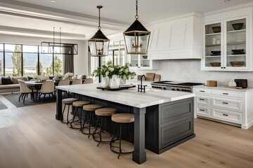 Wall Mural - New modern farmhouse luxury home with gorgeous white kitchen and contrasting dark accents.