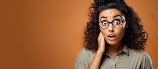 Poster - A nervous Hispanic woman looks to the side with a startled expression focusing on an empty space