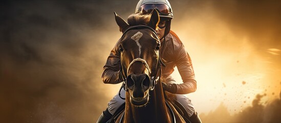 Poster - Composite image of young Caucasian female friends enjoying horse riding at a ranch representing togetherness animal sport equestrian and competition