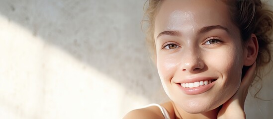 Sticker - Digital composite featuring a Caucasian woman smiling and wiping her cheek with text for International Skin Pigmentation Day Focus on pigmentation skincar