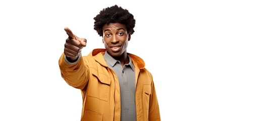 Poster - A stylish African man in urban attire points to empty advertising space on a blank background