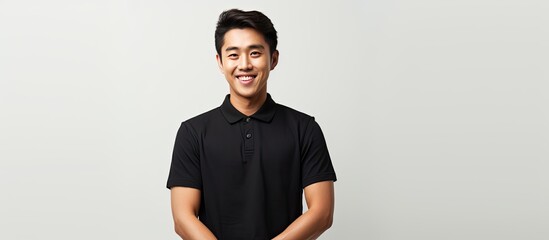 Sticker - Asian male smiling and holding a blank space dressed in black polo t shirt on white background