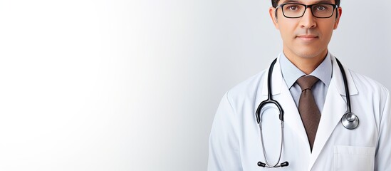 Poster - Doctor in white coat and eyeglasses holding stethoscope posing for camera on white background space for text