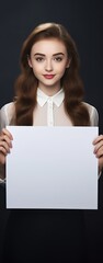 Aufkleber - Beautiful young girl displaying empty signboard on gray background