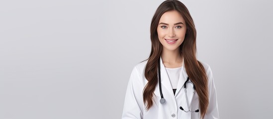 Sticker - Male doctor in white coat with stethoscope and smile looking at camera with positive results on white background space for text healthcare