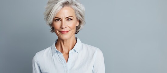 smart stylish older woman with gray hair in a bright studio setting with room for text