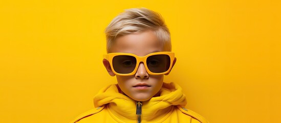 Poster - Caucasian boy with sunglasses on yellow background representing awareness and protection