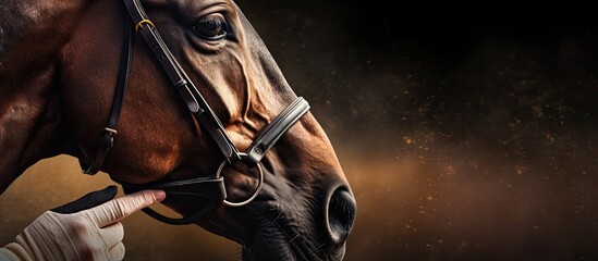 Sticker - Horse racing concept including close up of hand holding horse in stable with copy space