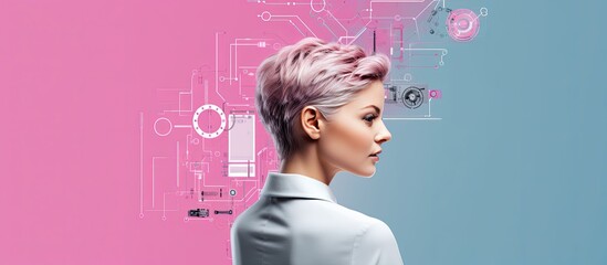 Poster - International women in engineering day rear view of girl with short hair pink background childhood awareness campaign support and career