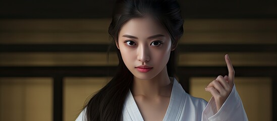 Wall Mural - Young Asian woman in bathrobe pointing to empty copy space showcasing beauty