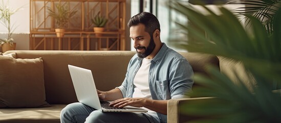 Poster - An Arab freelancer using online technology for work and leisure in a cozy living room with copy space