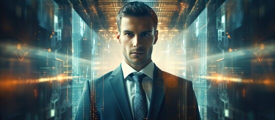 The image shows a businessman with source code and programmer image overlay symbolizing programming cyber security business and internet of things