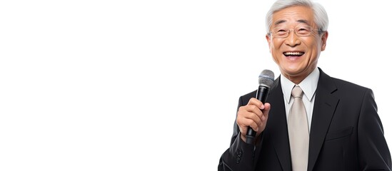 Poster - Elderly Asian businessman pleased and healthy showing an empty space for promotion on a white background