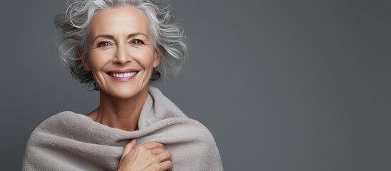 Wall Mural - Elderly woman with smooth skin touching her face and smiling standing in a towel gray background
