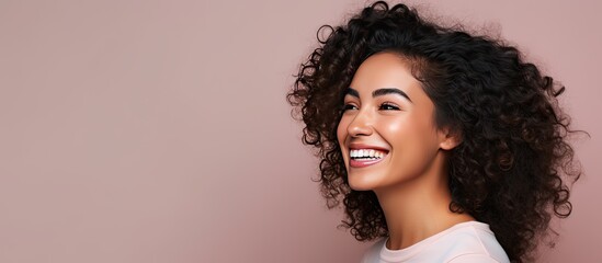 Poster - Successful confident happy Hispanic woman displaying concept on side with copy space