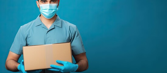 Poster - Delivery person with protective gear carrying boxes Fast and free online shopping with express delivery