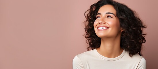 Poster - Satisfied Hispanic woman with a positive vibe showcasing an object on copy space
