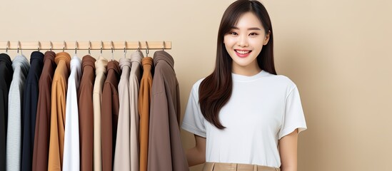 Poster - Happy young Asian woman in brown shirt pointing to empty space