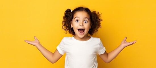 Aufkleber - Smiling Caucasian girl wearing white T shirt pointing with open palms presenting advertisement