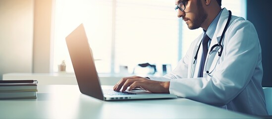 Doctor consulting patients remotely via laptop in clinic