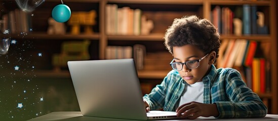 Poster - Black child doing online studying with tablet at home Concept technology education student e learning