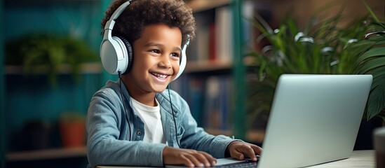 Poster - Childhood student studying at home with headphones typing on laptop for online e learning