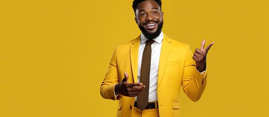 Poster - Young African businessman with a suit and beard holds his hand out in a concept isolated on a yellow background