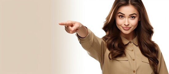 Poster - Excited girl pointing with finger Isolated white background Advertising concept