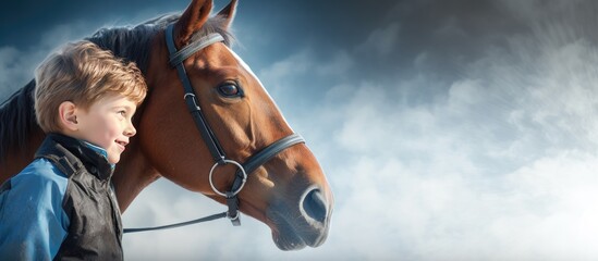 Poster - Composite image of a Caucasian boy interacting with a horse with a clear sky in the background Represents childhood animals sports and equestrian competit