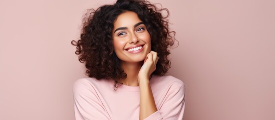 Poster - Successful confident happy Hispanic woman displaying concept on side with copy space