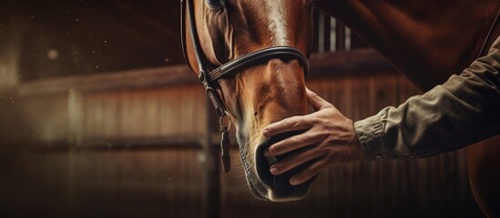 Wall Mural - Horse racing concept including close up of hand holding horse in stable with copy space