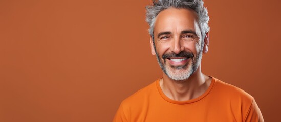Poster - Confident middle aged man proudly smiling displaying contentment on blank area