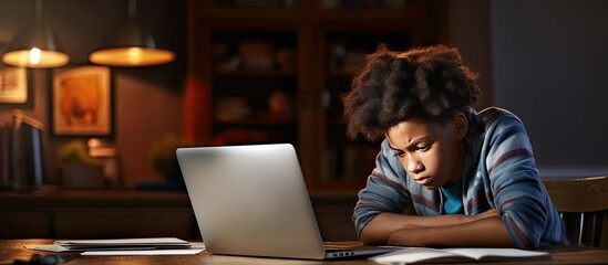 Poster - Young African American boy using laptop for online studying at home