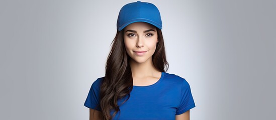 Poster - Attractive brunette promoter with blue shirt and cap standing on white background with space for text