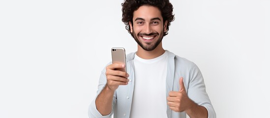 Aufkleber - 25 year old Middle Eastern man smiling and making the OK sign while holding a smartphone in front of a white background