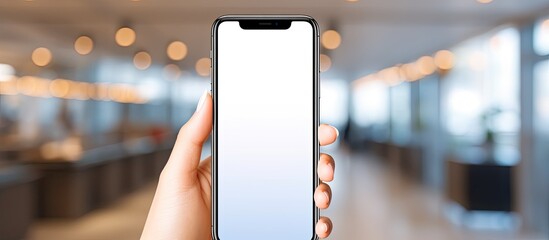 Poster - Close up image of female hands holding mobile device with blank screen representing technology concept