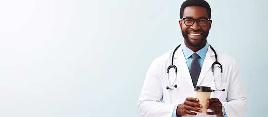 Poster - Happy African American doctor taking a break with medical chart and coffee