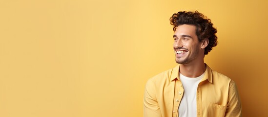 Poster - A content attractive young man happily holding an object in a blank area