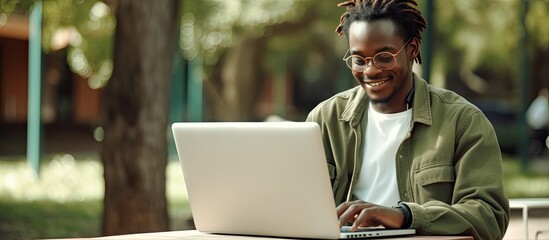 Leinwandbilder - Black person smiling while using laptop outdoors in park and surfing the internet