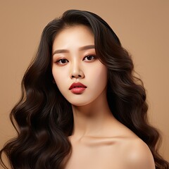 Poster - Asian woman with long curly hair and flawless skin showcases Korean inspired makeup and reveals an open hand with available space on a neutral background