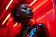 portrait studio shot african american model woman female in lates suit red background neon light ambient woman with makeup stylish hais style and glamour photo shooting fashion concept,ai generate