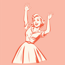 Retro Cartoon Illustration Of A Happy Woman Raising Her Hands