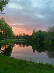 Wall Mural - Picturesque view of pond at bright sunset