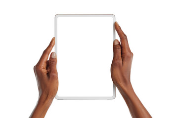 Black woman hand using digital tablet isolated on white background