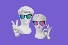 Antique Statue's Head David Showing Peace Gesture And Aphrodite In Sunglasses Showing Ok Sign With A Hand On Violet Color Background. Modern Design. Contemporary Art. Trendy Collage In Magazine Style