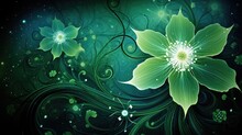 Flowers Glowing Green In The Universe. Neon Effect. Abstract Fantasy Fractal Design For Postcard, T-shirt, Wallpaper. AI Illustration Of Green Magic Flower..
