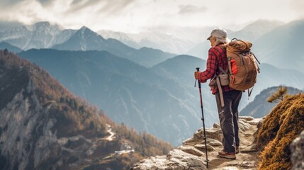 Elderly Woman with grey hair, hiking outdoor portrait of caucasian female pensioner with backpack, enjoying nature. Aging, retirement, people, active lifestyle, health care concept. AI photography.