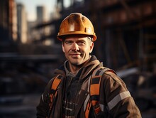 Smiling Professional Heavy Industry Worker In A Protective Uniform And Hard Hat. Dispersed Large Industrial Plant.