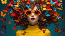 Surreal Portrait Of A Woman With Butterflies In Her Hair. Abstract Photo In Pop Art Collage Style. 